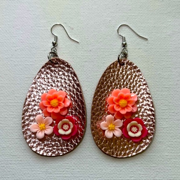 Dynamic Duo Designs Jewelry - Rose Gold faux leather 3D flower earrings